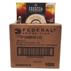 380 Auto - Federal LE 90 Grain Hydra-Shok JHP 1000rd. Case