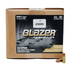 9mm – CCI Blazer Brass 115 GR. FMJ 1,000 rd. Bulk Case
