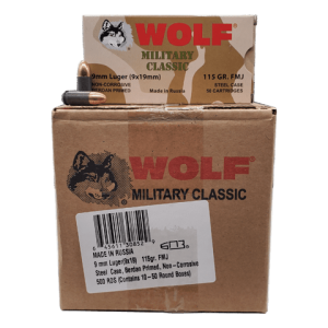 9mm - Wolf Military Classic 115 GR. FMJ 500 rd. Steel Case