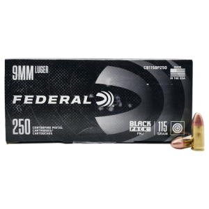9mm – Federal Black Pack 115 Grain FMJ – 250 Rounds