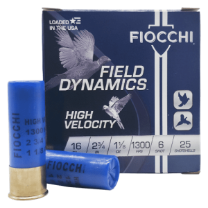 16 Gauge – Fiocchi 2-3/4″ Field Dynamics High Velocity #6 Lead Shot – 25 Rounds