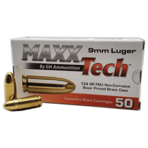 9mm - MaxxTech 124 Grain Full Metal Jacket Brass Case - 50 Rounds