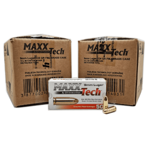 9mm – MaxxTech 124 Grain Full Metal Jacket Brass Case – 1000 Rounds