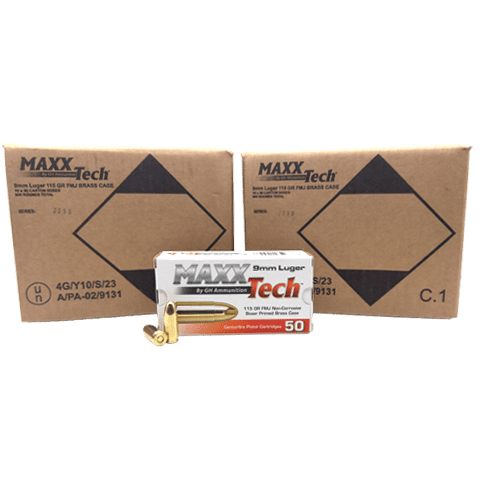9mm – MaxxTech 115 Grain FMJ Brass Case – 1000 Rounds