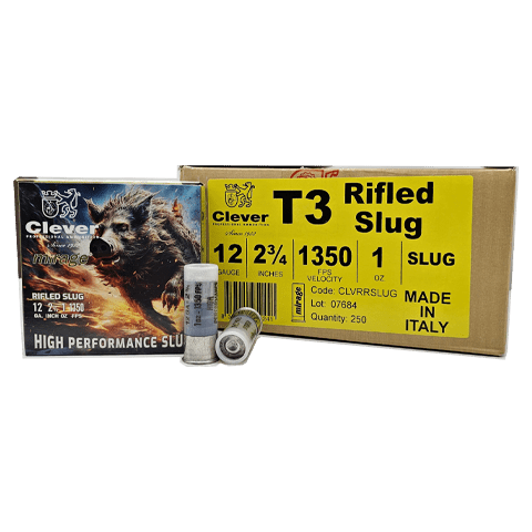 12 Gauge – Clever 2-3/4″ T3 Lead Rifled Slug – 250 Rounds