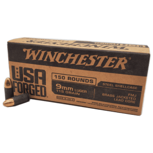 9mm - Winchester Forged 115 Grain Brass Jacketed Steel Case 150 Rds.